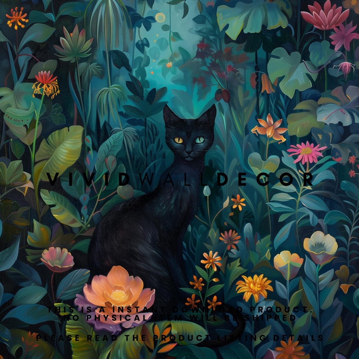Mysterious Black Cat in a Midnight Jungle Floral Garden Poster - Image 2