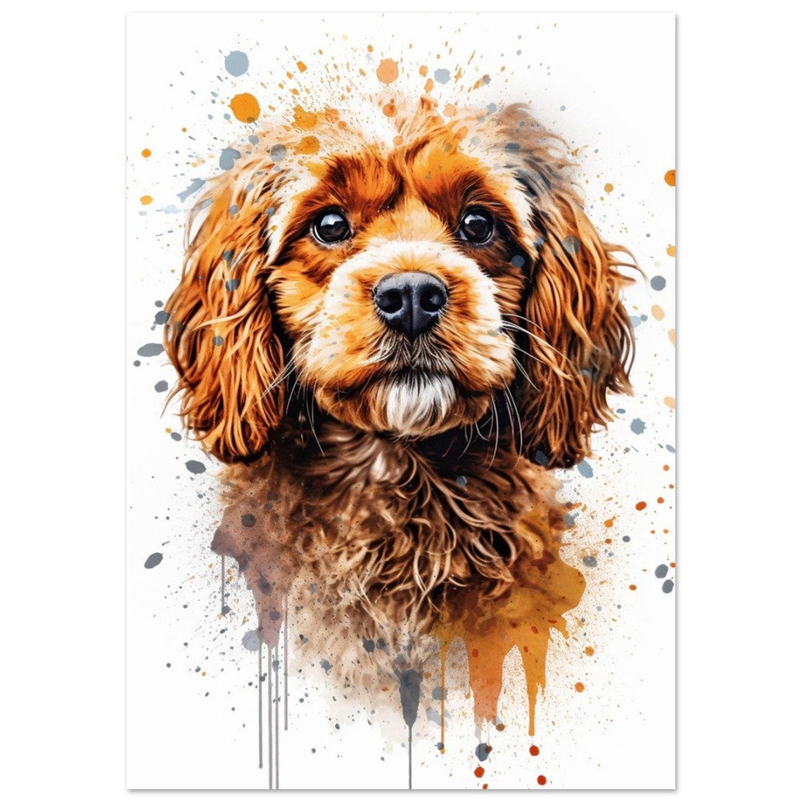Golden Cavapoo Watercolour Portrait Warm Paint Splash Puppy Art Poster - Image 2