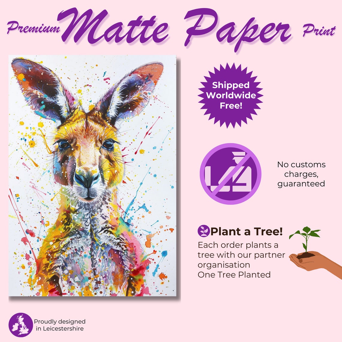 Colorful Kangaroo Front Portrait Watercolor Splash Art Poster - Image 3