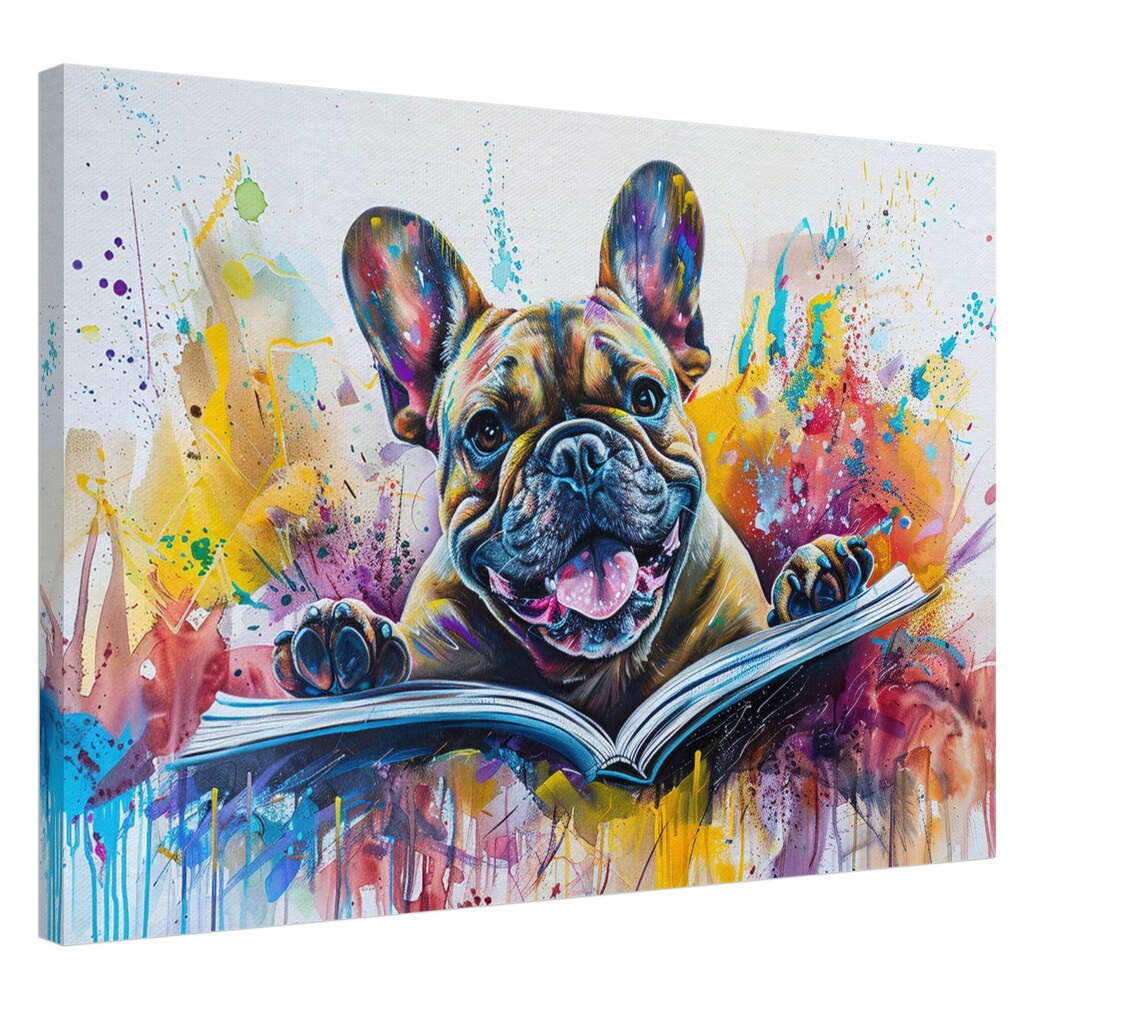 Happy French Bulldog Reading Open Book Paint Splash Puppy Poster