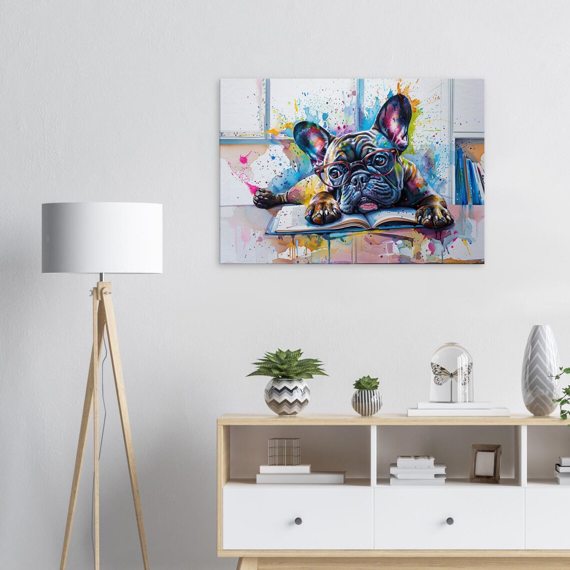 French Bulldog With Red Glasses Reading Book Desk Paint Splash Poster - Image 2