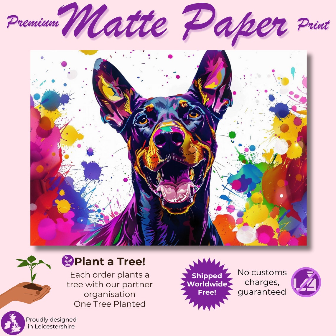 Happy Dobermann Pop Art Portrait Neon Paint Splash Dog Poster - Image 3