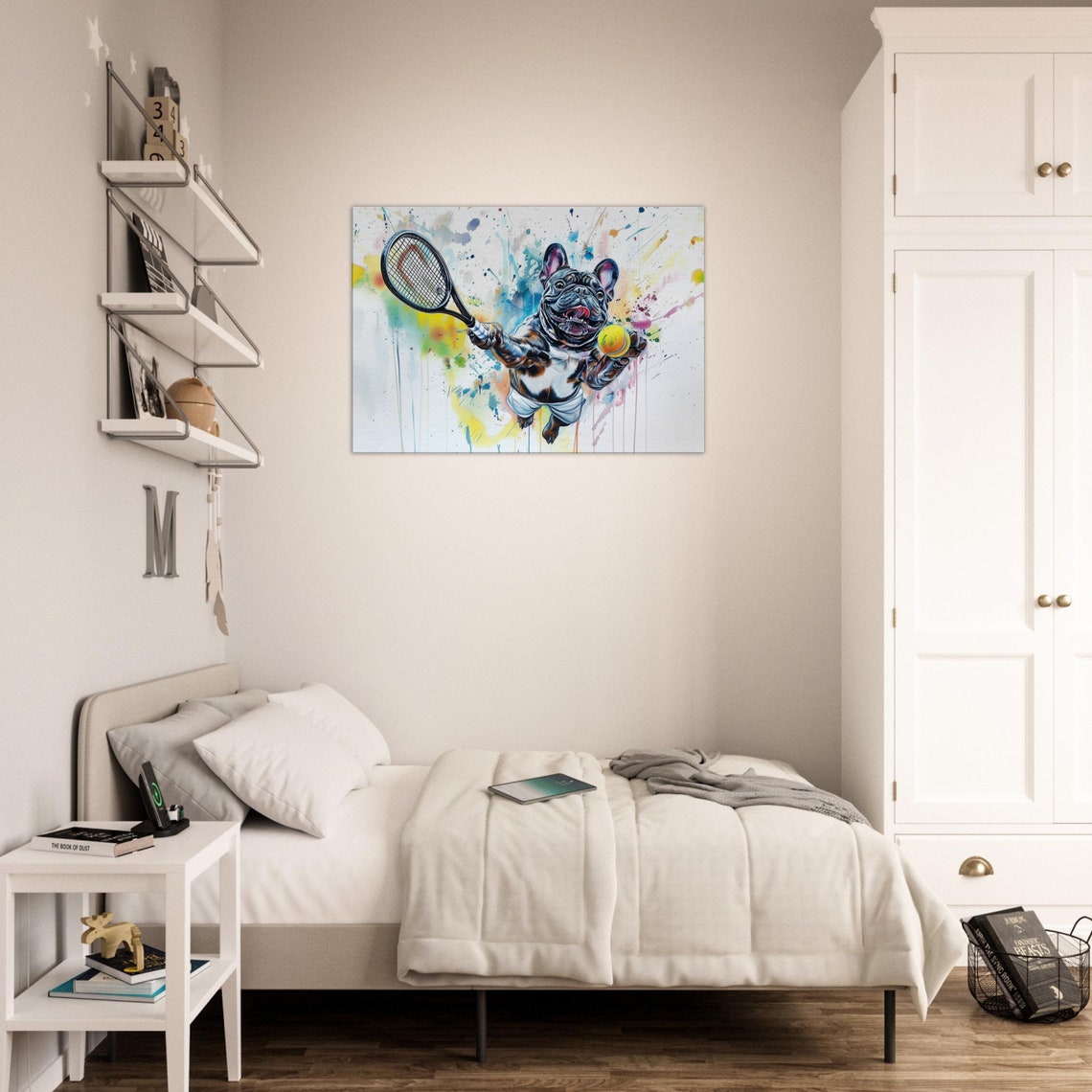 French Bulldog Tennis Player On Canvas Funny Frenchie Mom Dad Sports Lover Room Decor Gift Watercolour Wall Art Tennis Ball Print - Image 2