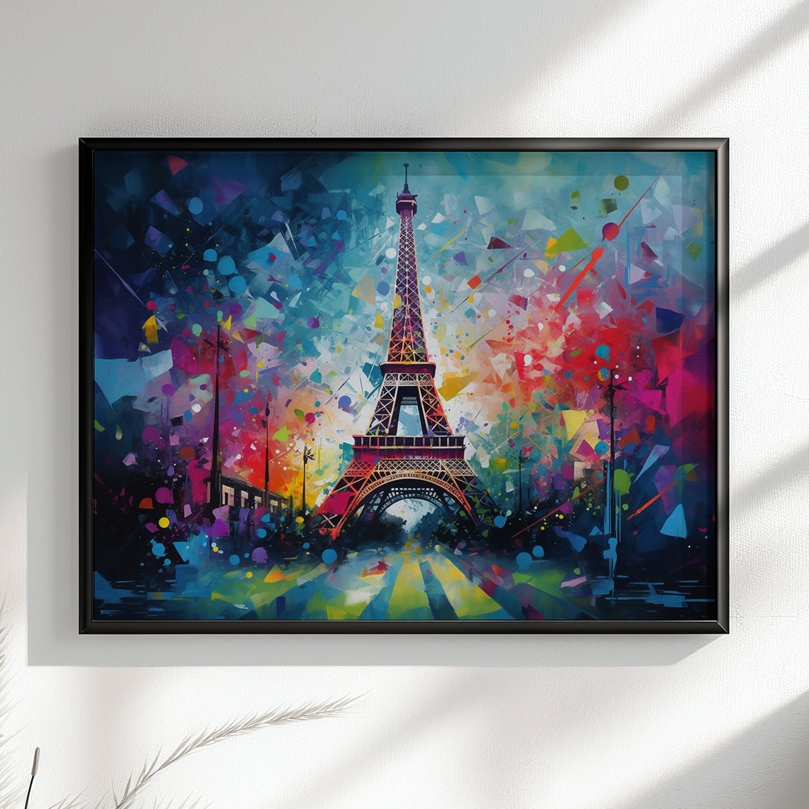 Neon Night Eiffel Tower Electric Paris Street Splatter Art Poster