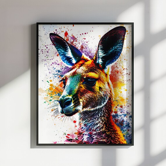 Neon Kangaroo Side Profile Teal Orange Watercolor Splash Poster