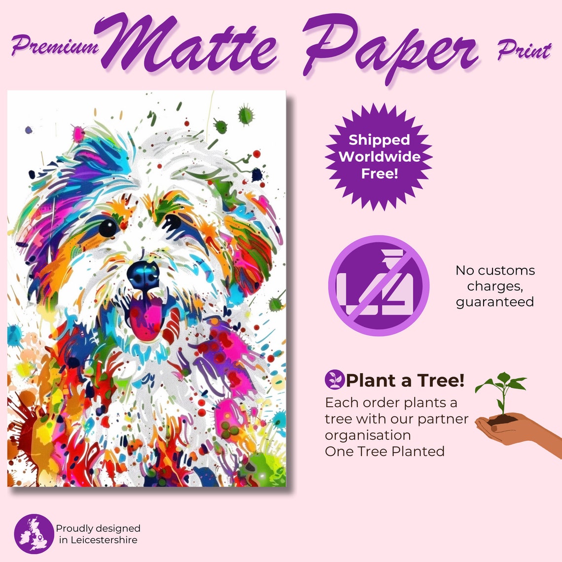 White Fluffy Dog Rainbow Splash Happy Watercolor Pet Art Poster - Image 3