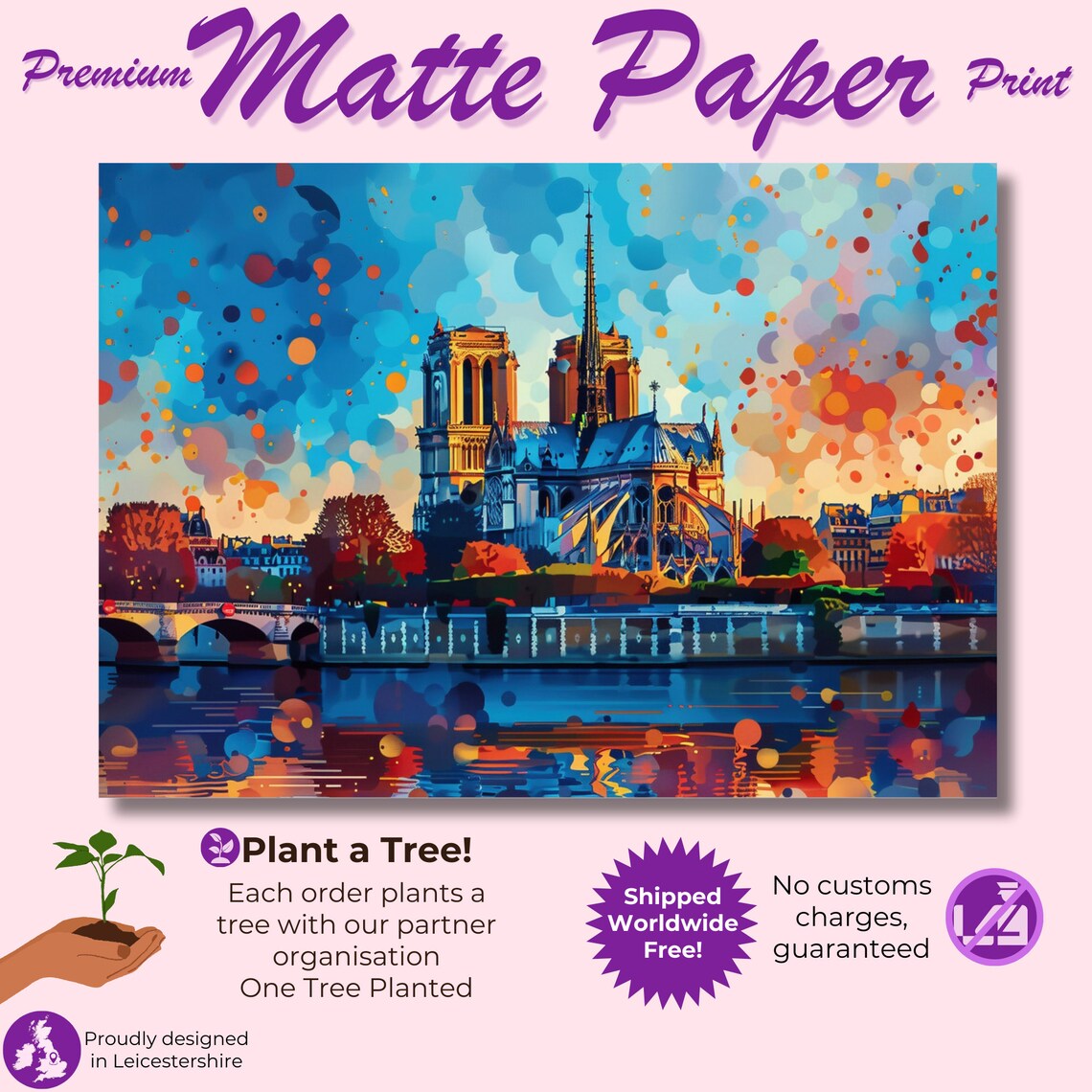 Notre Dame Cathedral Blue Sky Dot Art Colourful Seine Painting Poster - Image 3