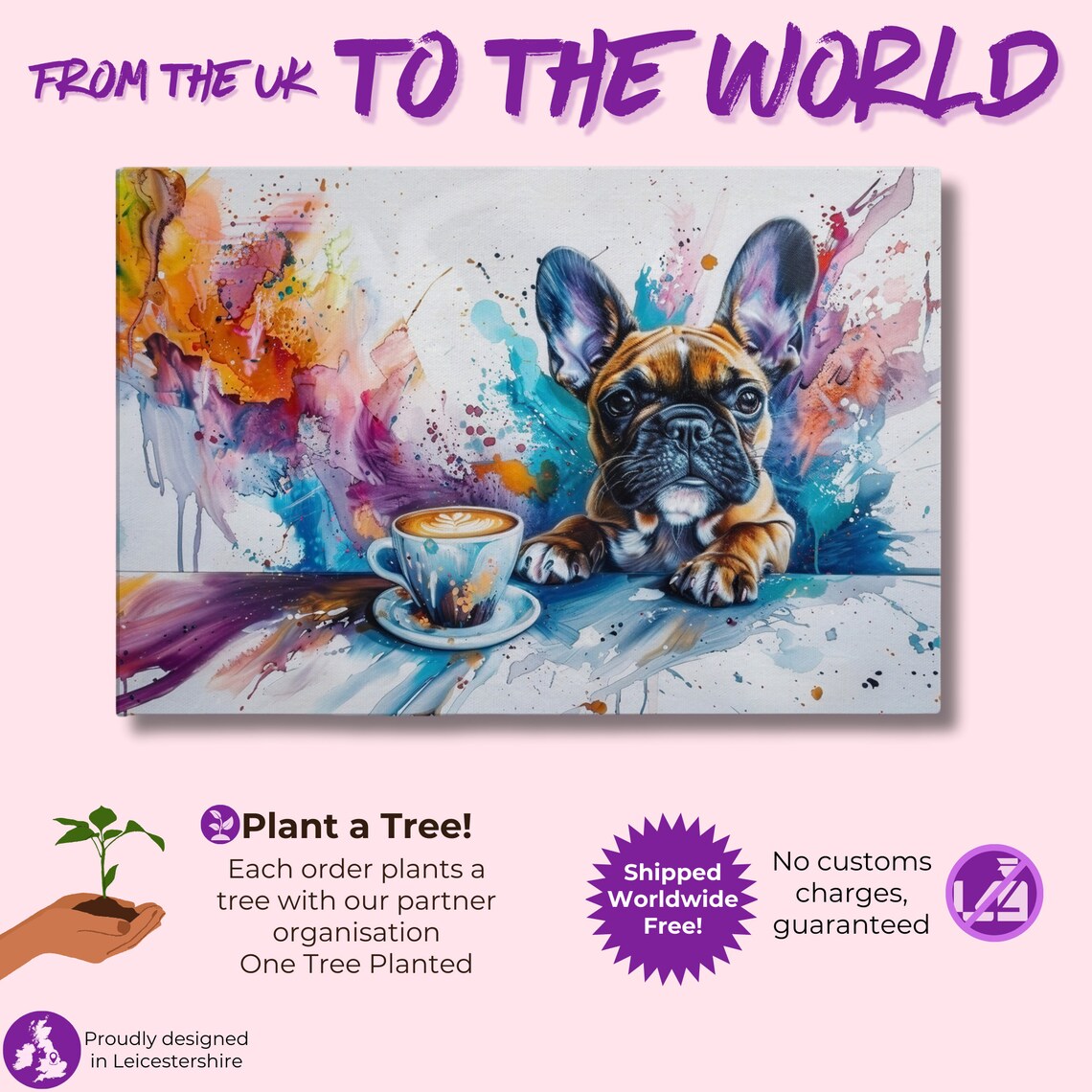 French Bulldog Puppy With Latte Coffee Cup Watercolor Splash Poster - Image 3