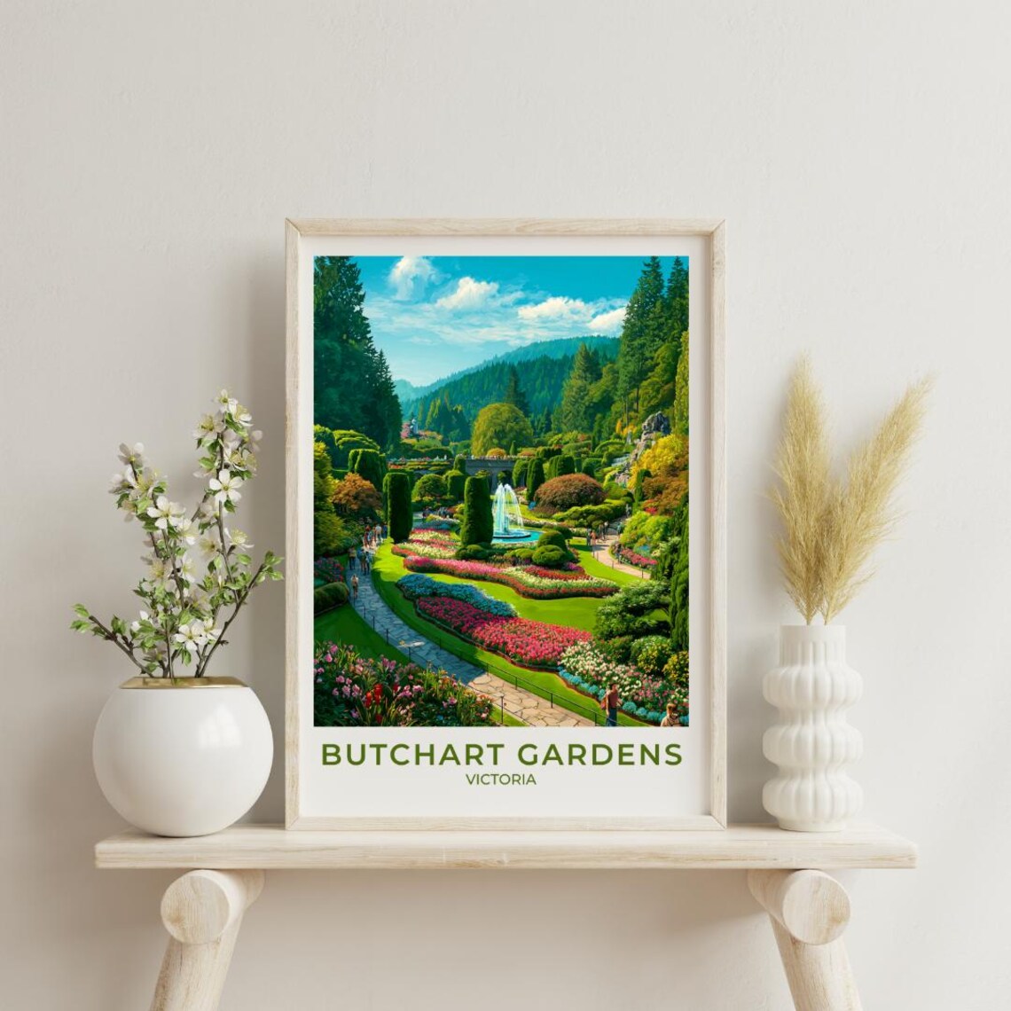 Butchart Gardens Victoria Vintage Travel Poster Floral Fountain Garden