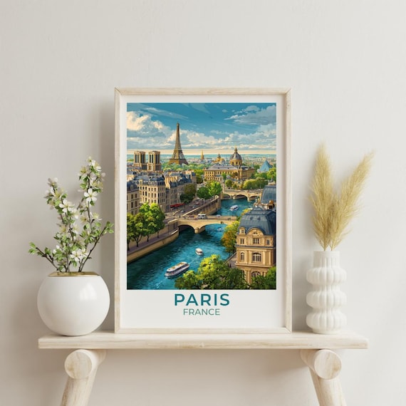 Paris France Eiffel Tower Vintage Travel Poster Scenic Seine River View