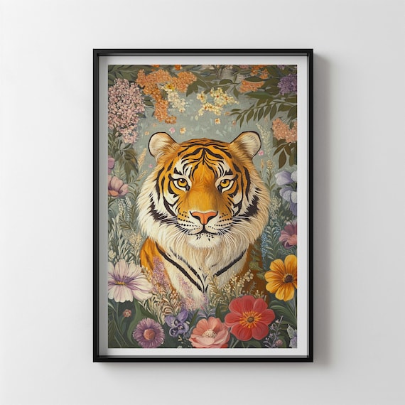 Tiger Face Portrait Among Flowers Indian Inspired Wild Animal Art Poster