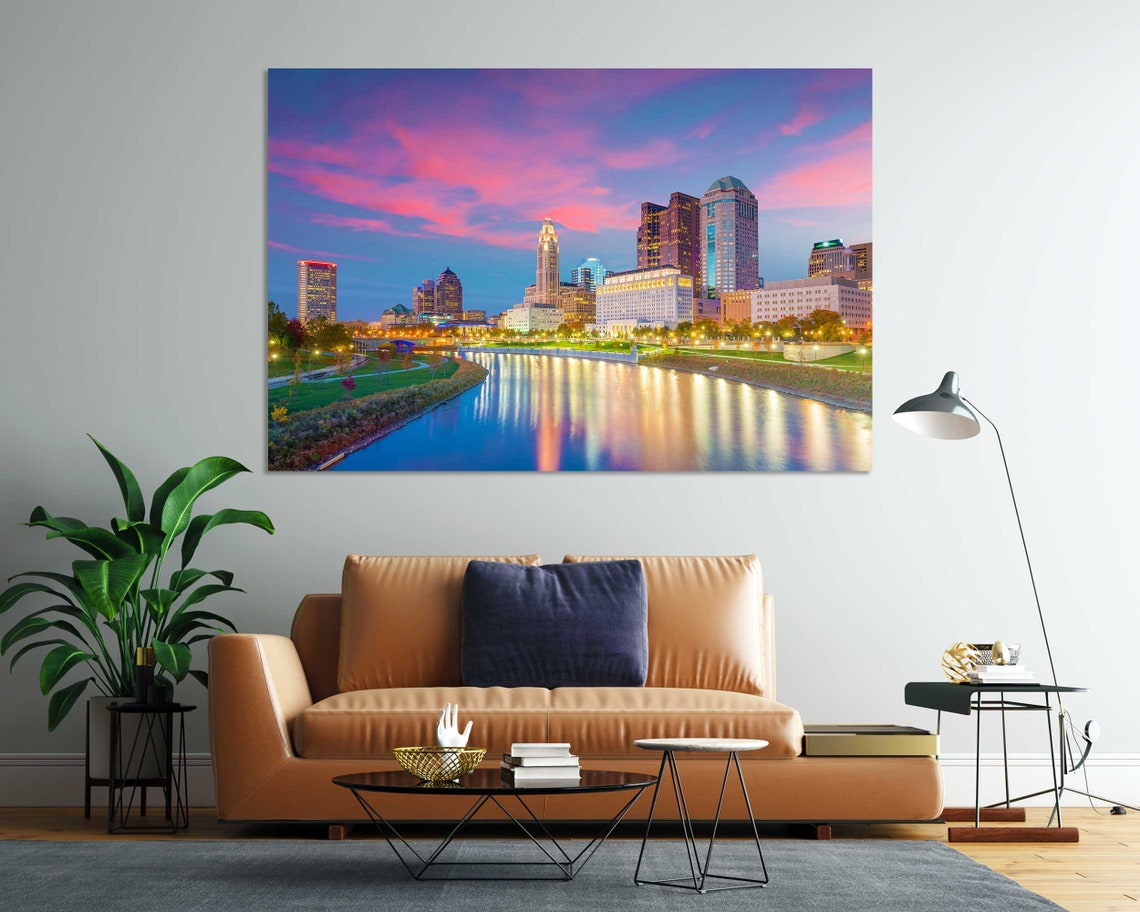 Cleveland Ohio Downtown Skyline Sunset River Reflections Travel Poster