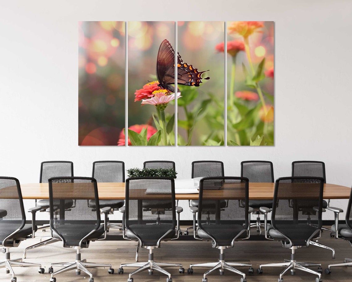 Dark Brown Butterfly On Pink Zinnia Flowers Bokeh Garden Wall Art - Image 3