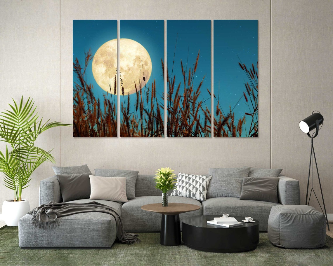 Full Moon Rising Over Tall Grass Field Starry Night Sky Nature Poster - Image 8