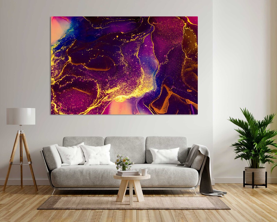Purple Gold Fluid Acrylic Art Ink Marble Swirls Cosmic Abstract Poster