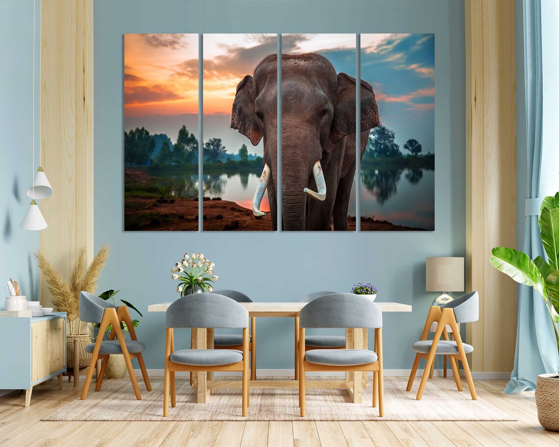 Elephant With Tusks At Sunset By The Lake Wildlife Photo Poster - Image 3