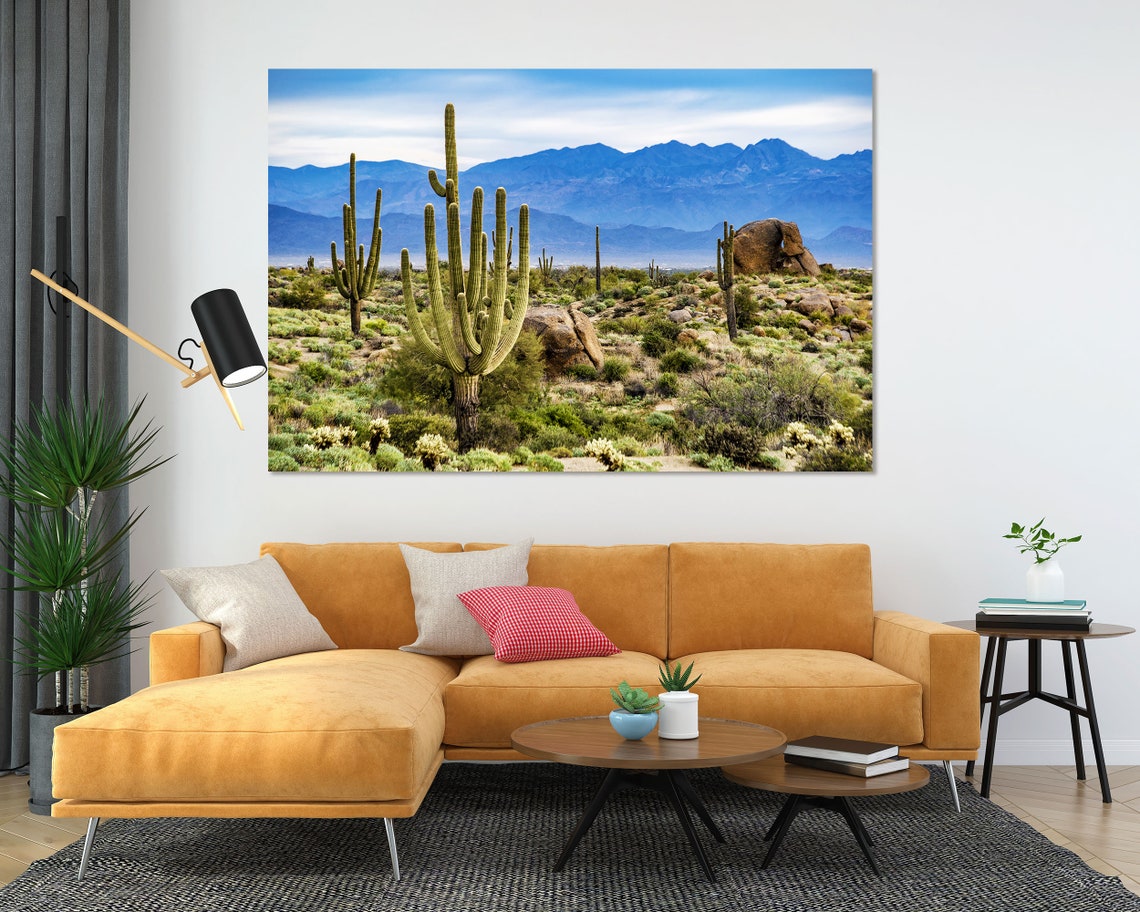Saguaro Cactus Desert With Blue Mountains Landscape Photo Poster - Image 5