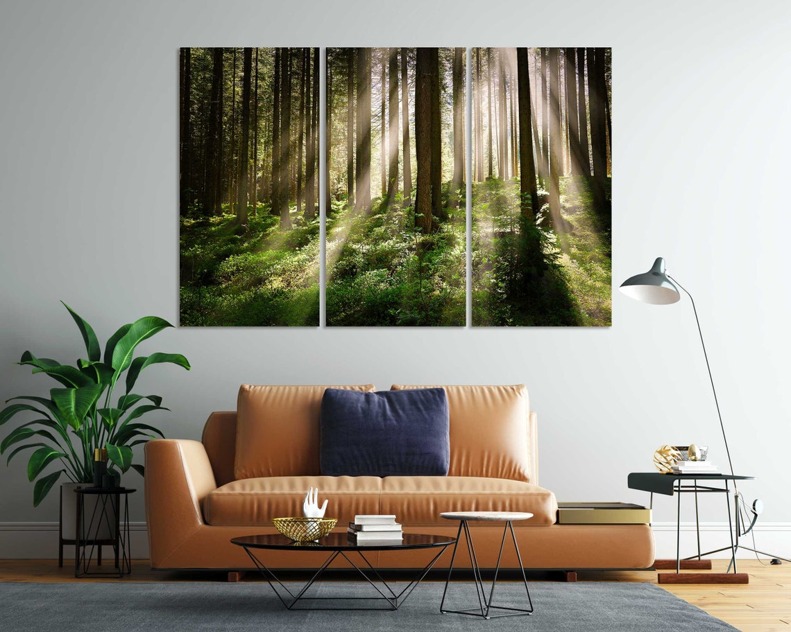 Sunlight Rays Through Tall Forest Trees Three Panel Nature Poster