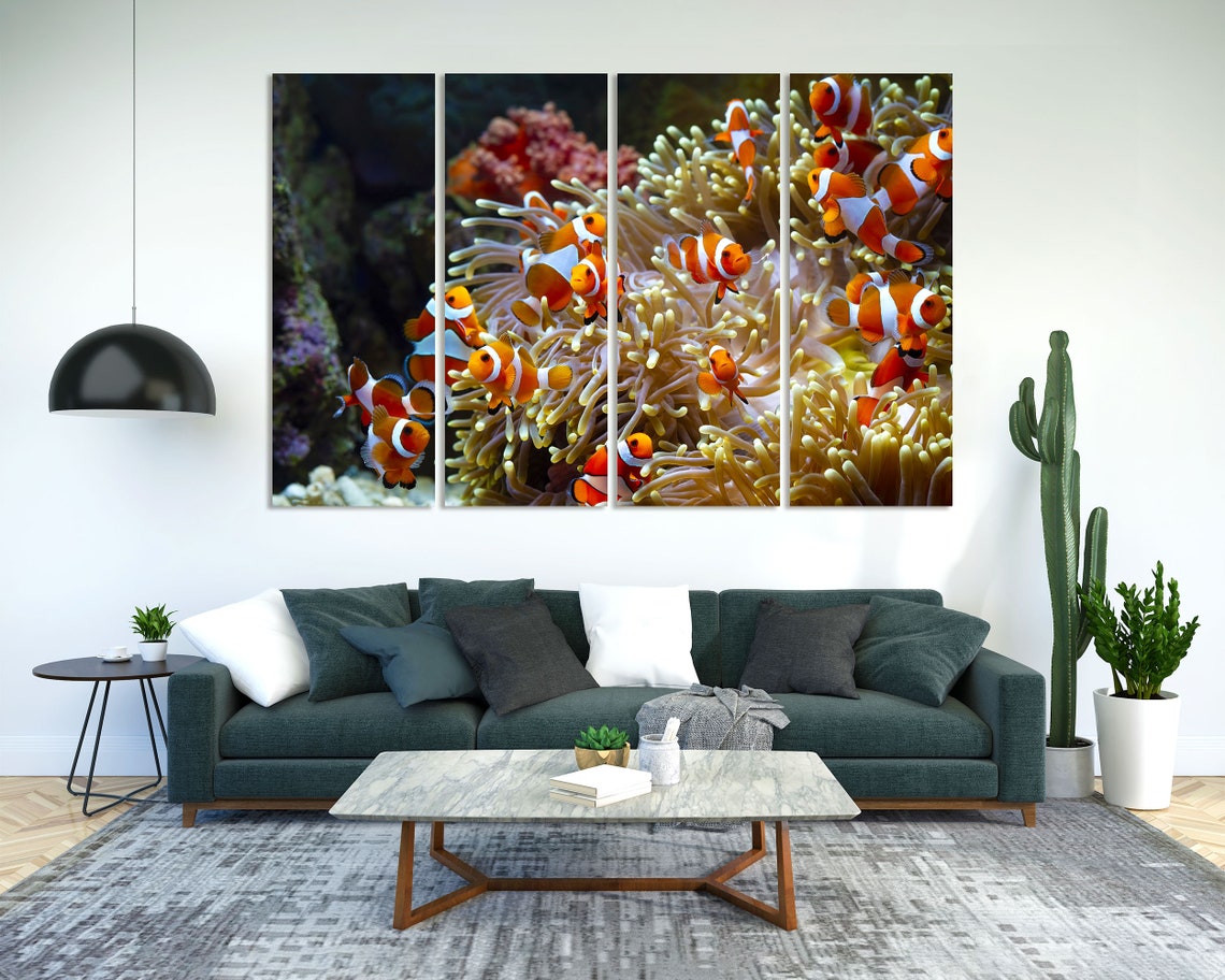 Clownfish Swimming in Sea Anemone Colorful Coral Reef Wall Art Print - Image 2