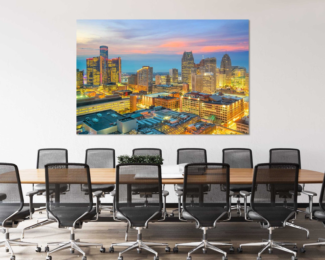 Downtown Detroit Skyline Dusk Riverfront City Lights Travel Poster - Image 4