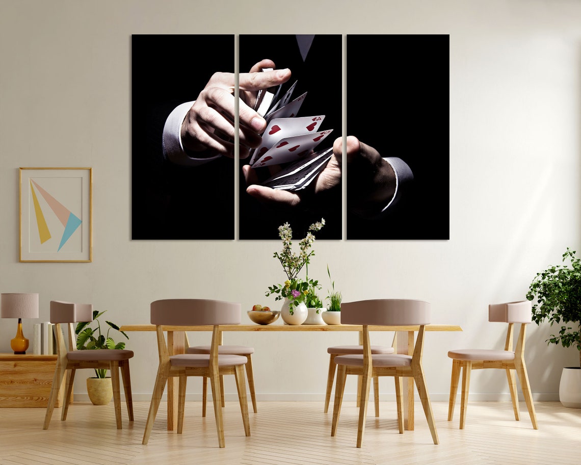 Magician Hands Shuffling Playing Cards Black Three Panel Poster - Image 6