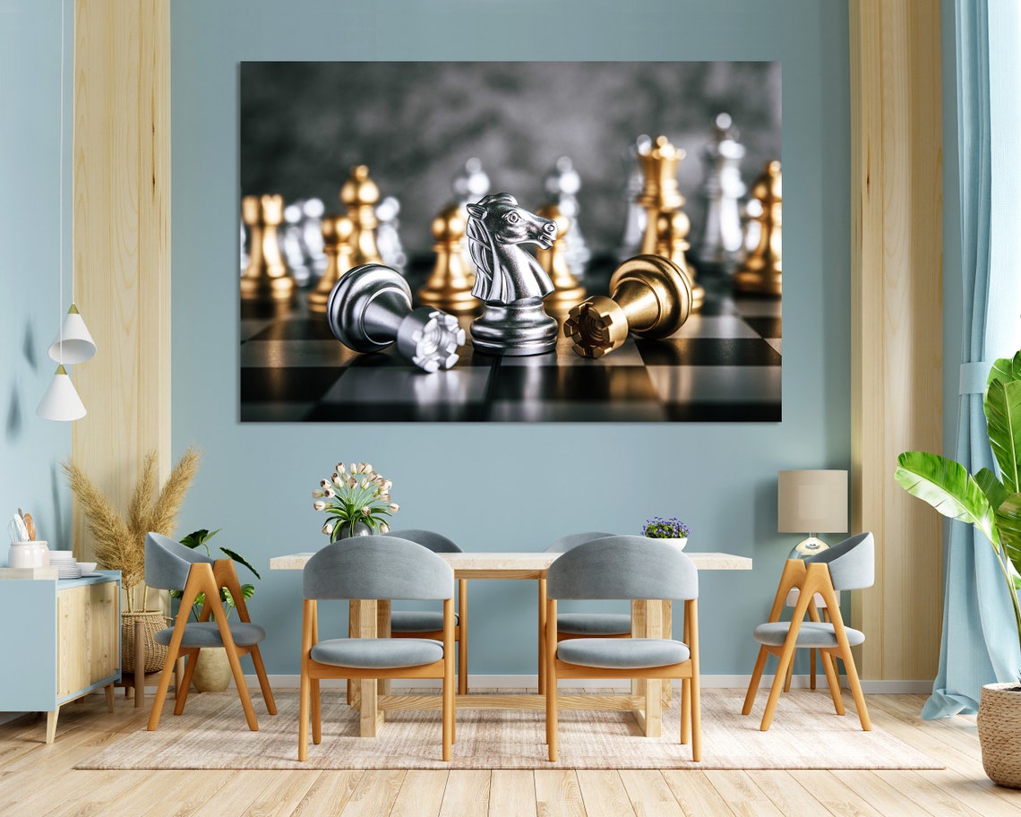 Silver Chess Knight Among Fallen Gold And Silver Pieces Art Print - Image 3