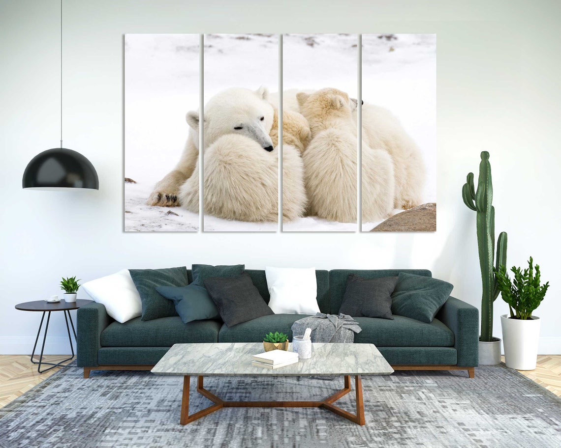 Polar Bear Mother Cuddling Cubs in Snow Arctic Wildlife Art Poster - Image 2