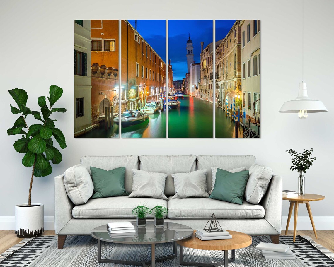 Venice Italy Canal At Night Boats Bell Tower Blue Hour Travel Poster - Image 7