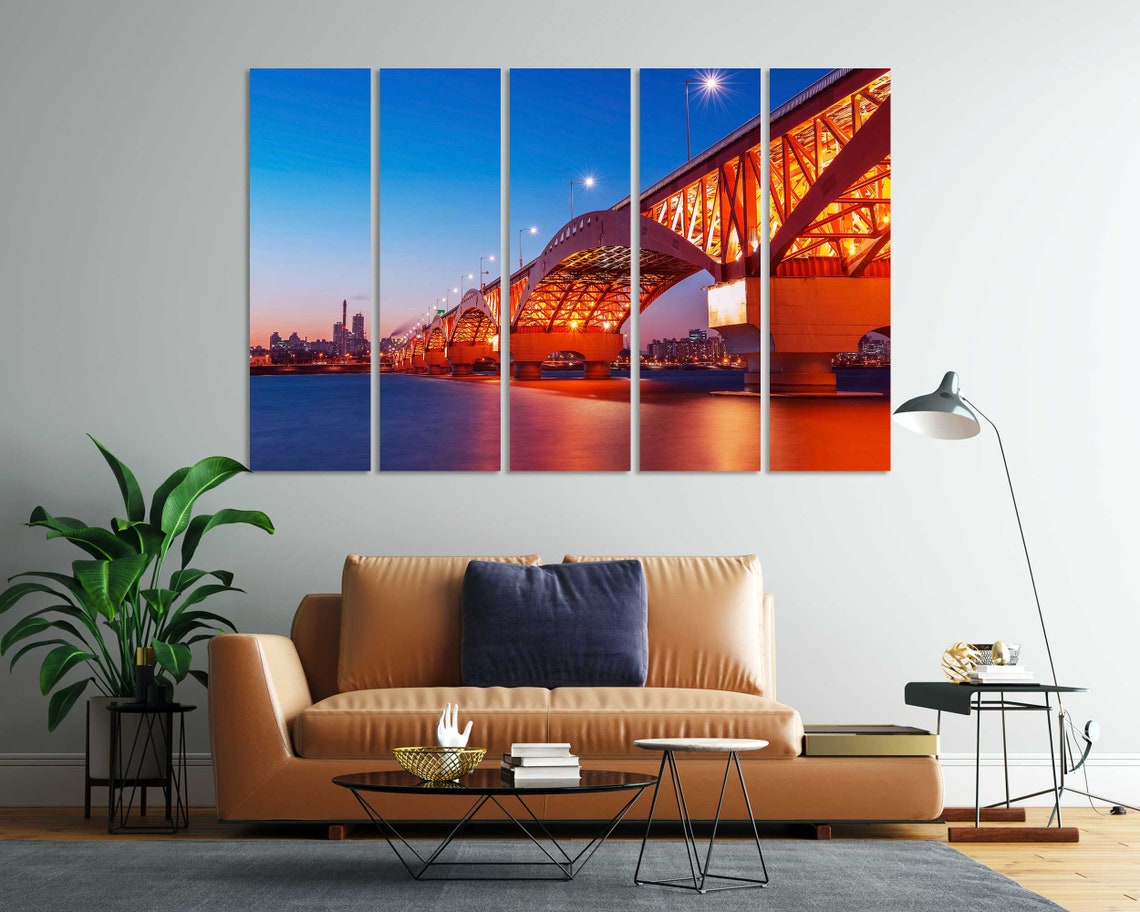 Seoul Seongsan Bridge At Twilight Orange Lights Han River Poster - Image 7