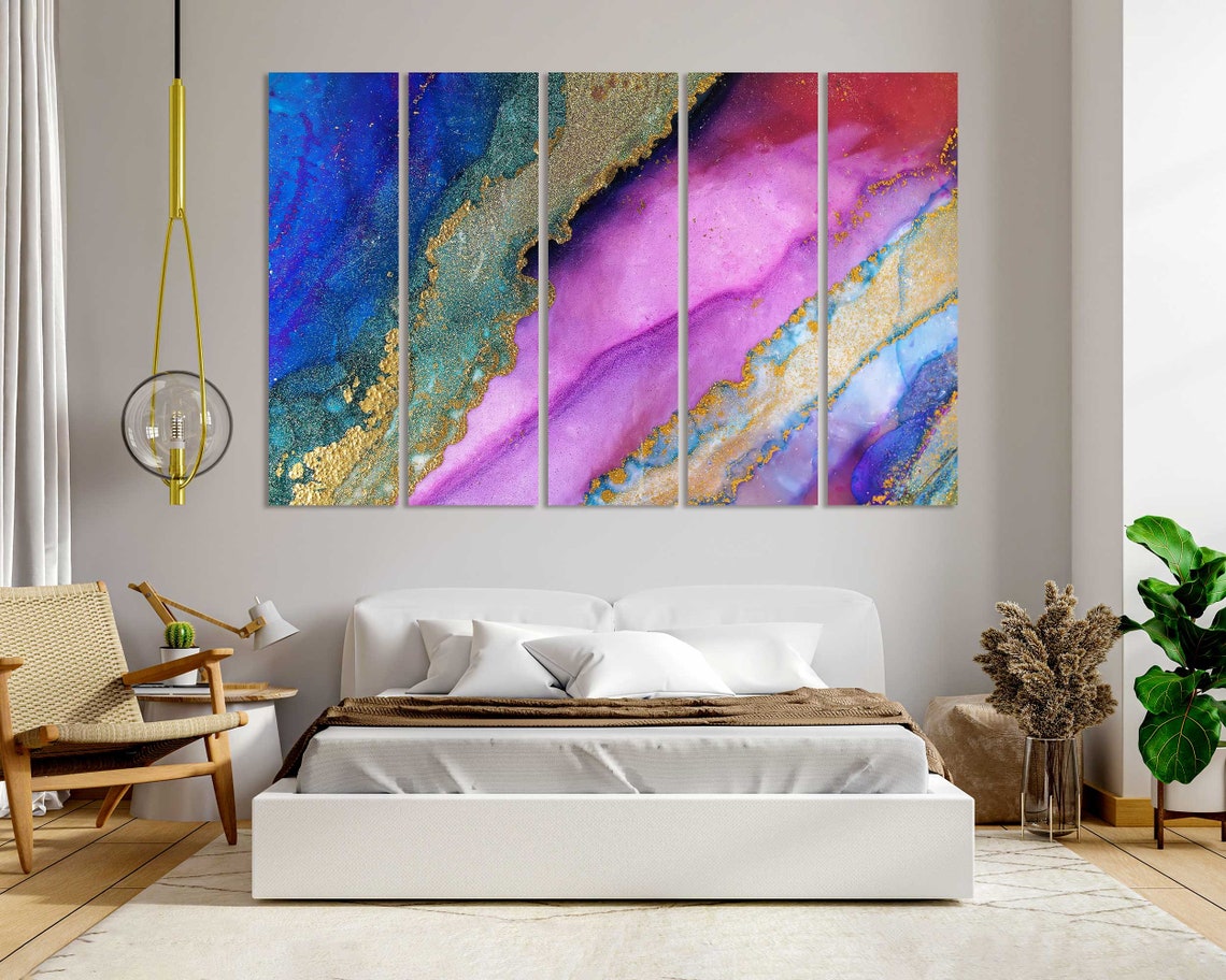 Purple Pink Blue Gold Diagonal Marble Ink Flow Wall Art Poster