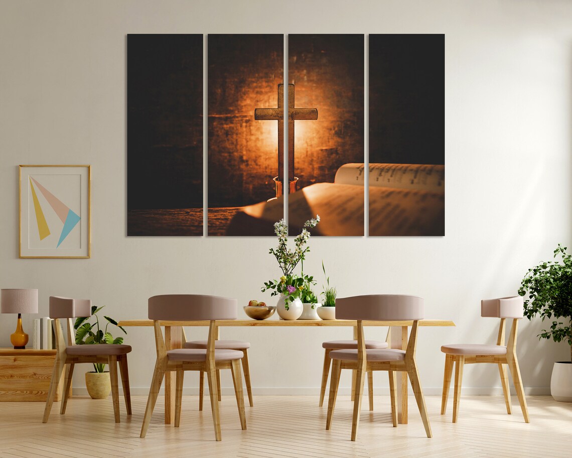 Wooden Cross Standing On Open Bible Warm Candlelight Glow Spiritual Poster - Image 6