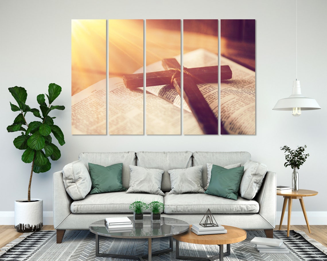 Wooden Cross On Open Bible Warm Light Faith Triptych Wall Art - Image 8