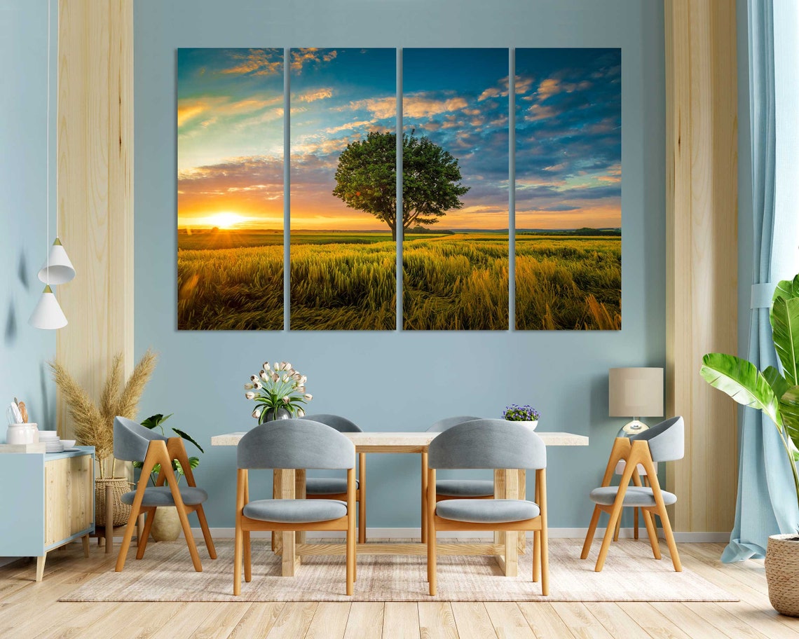 Lone Tree Golden Wheat Field Sunset Dramatic Clouds Nature Poster - Image 4