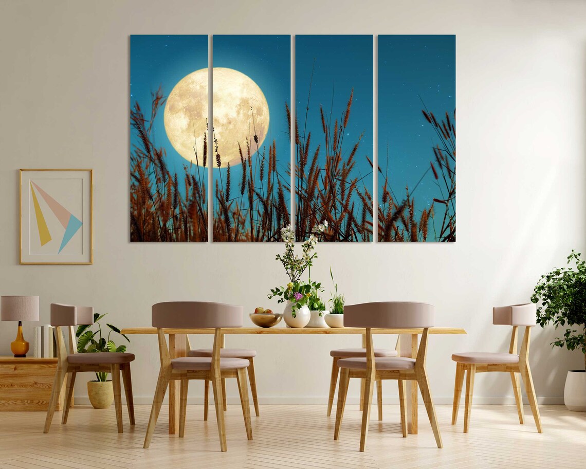 Full Moon Rising Over Tall Grass Field Starry Night Sky Nature Poster - Image 6
