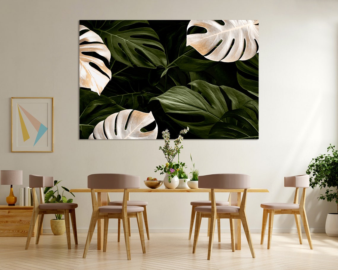 Monstera Leaves Dark Botanical Gold Tropical Foliage Wall Art Poster