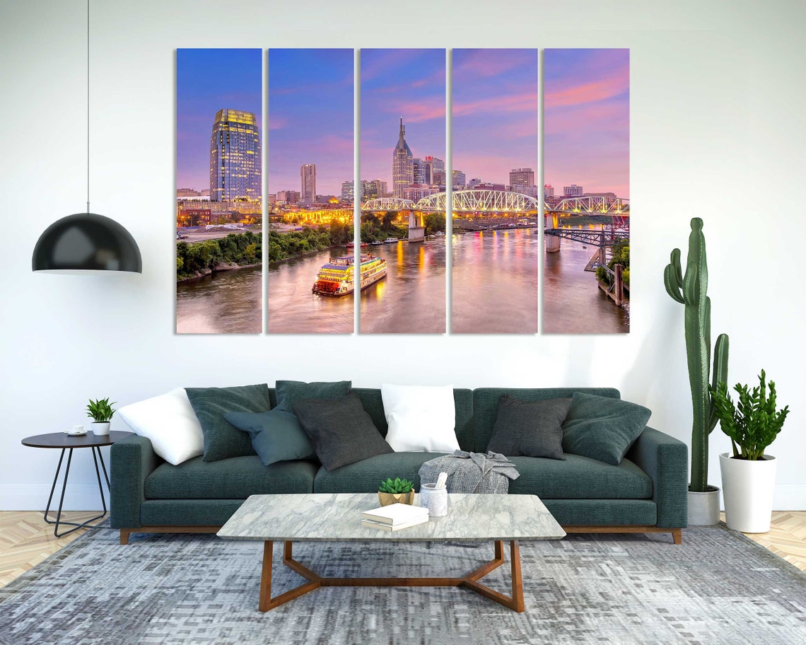 Nashville Tennessee Skyline Sunset Cumberland River Bridge View Poster - Image 2