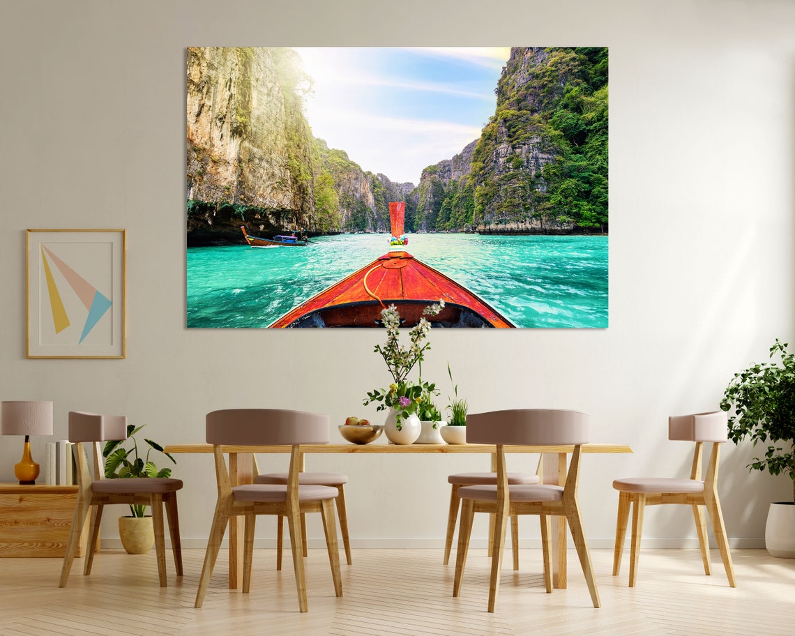 Longtail Boat Turquoise Lagoon Limestone Cliffs Tropical Travel Poster