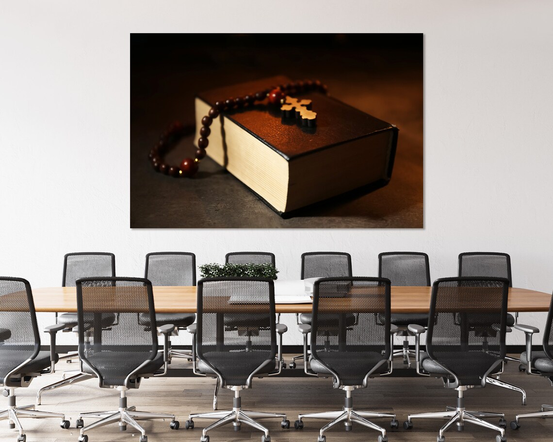 Rosary Beads And Wooden Cross On Bible Dark Warm Light Spiritual Poster - Image 4