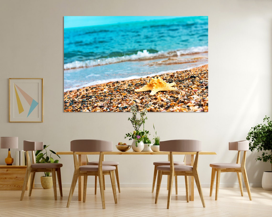 Starfish On Pebble Beach Turquoise Wave Summer Coastal Art Poster