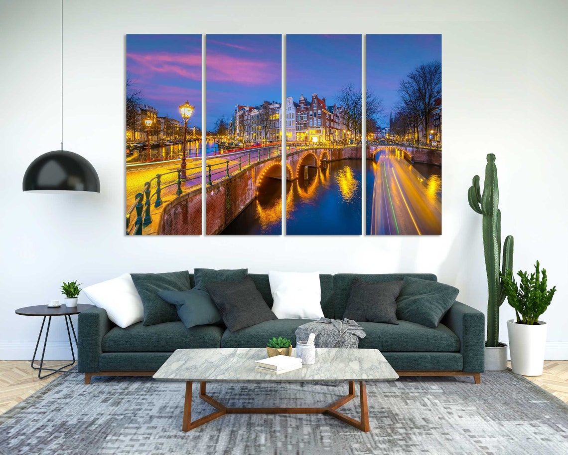 Amsterdam Canal Bridges Evening Lights Netherlands City Travel Poster - Image 2