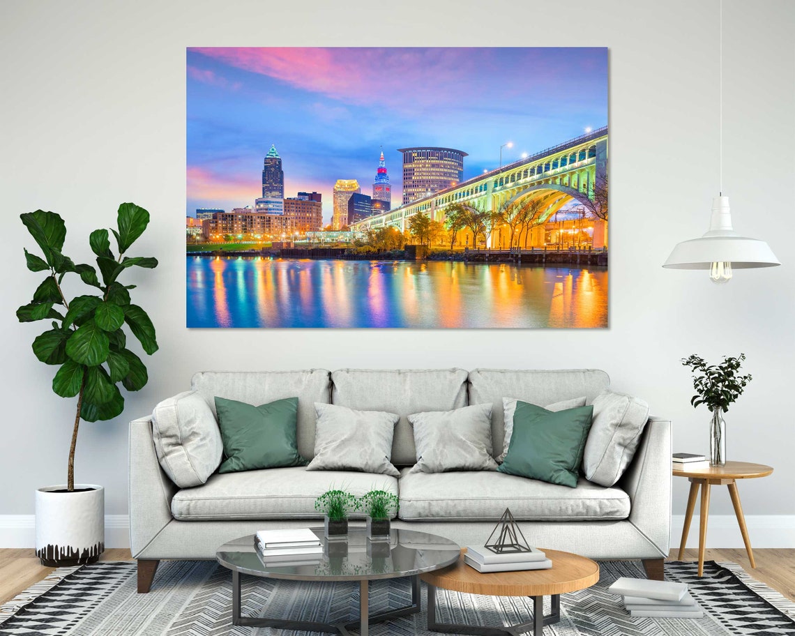 Cleveland Ohio Skyline Sunset Bridge Lights Triptych City View Poster - Image 8
