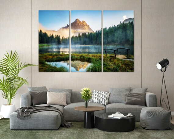 Foggy Lake At Mountains Background Print Art For Wall Landscape At Sunrise Framed Large Decor For Home Mountain Print Forest Art