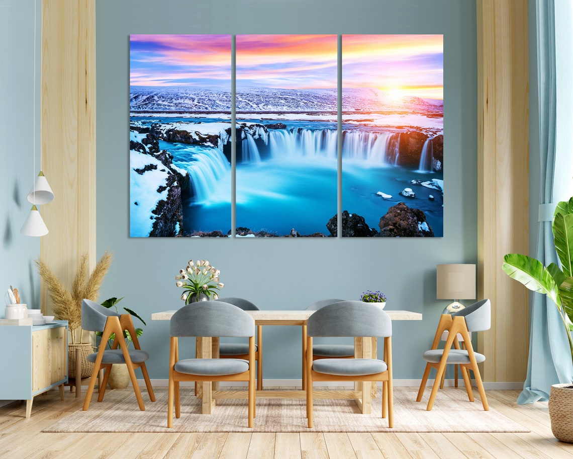 Godafoss Waterfall Iceland Winter Sunset Snow Blue Cascade Poster - Image 2