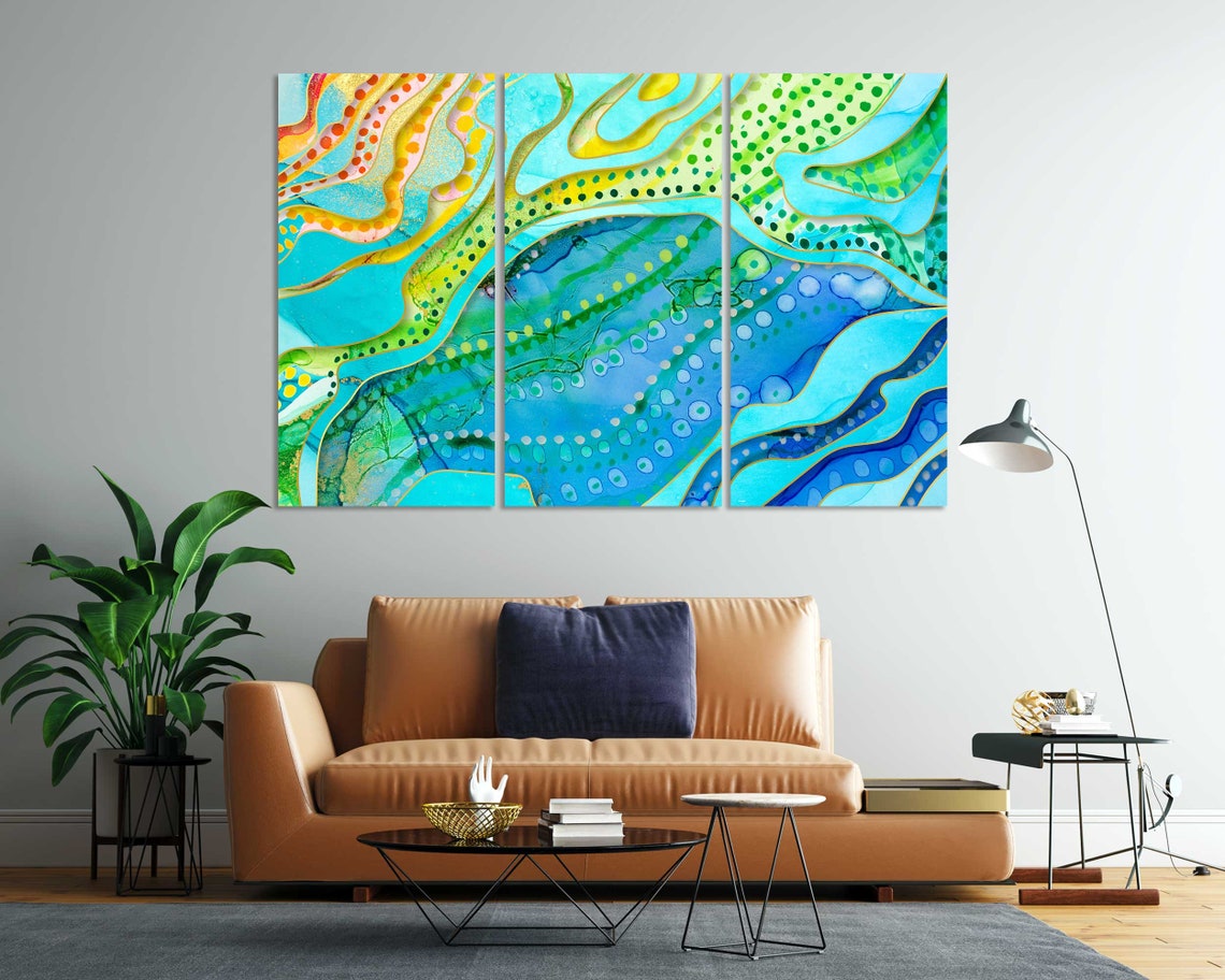 Turquoise Blue Green Yellow Abstract Waves Dotted Flow Art Poster - Image 7