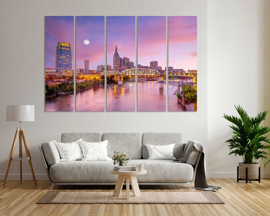 Nashville Skyline Evening with Full Moon Over River Bridges Poster - Image 7