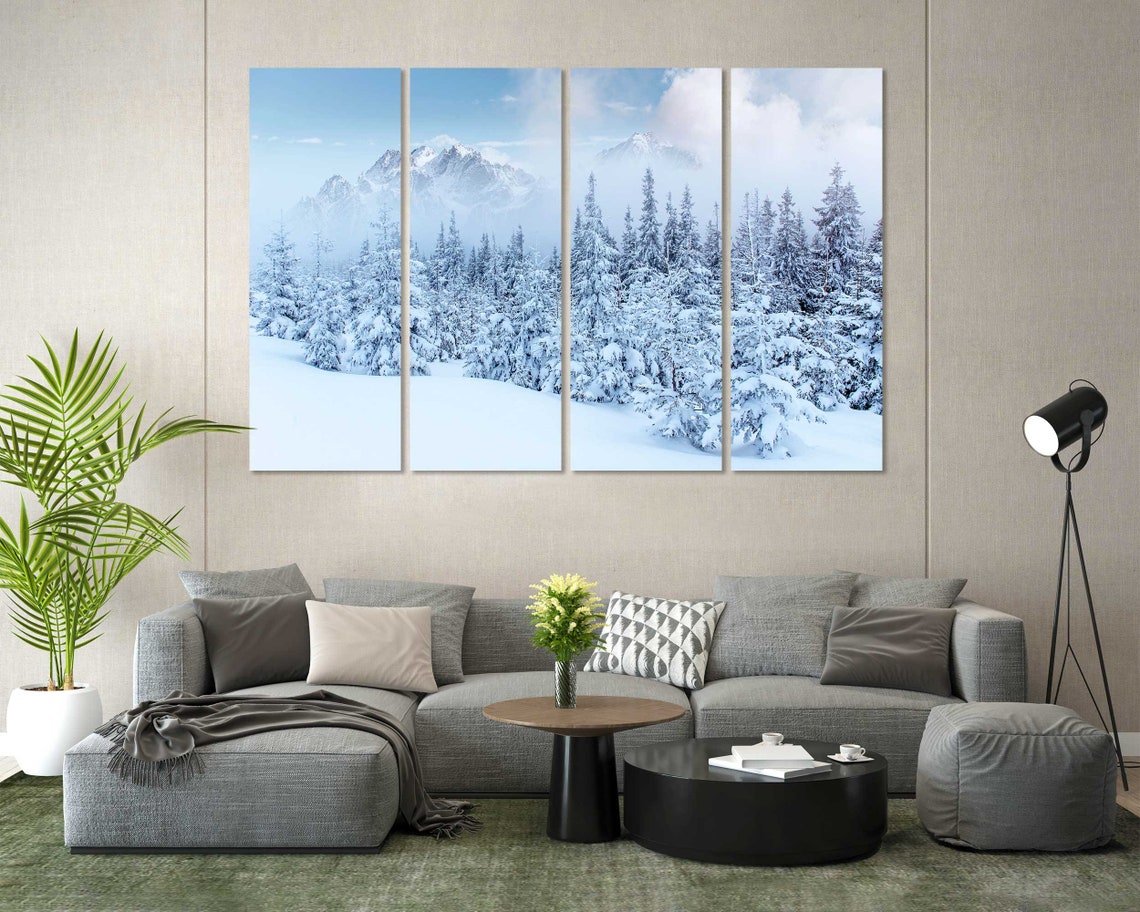 Snowy Mountain Forest Winter Landscape Blue 3 Panel Split Poster - Image 8