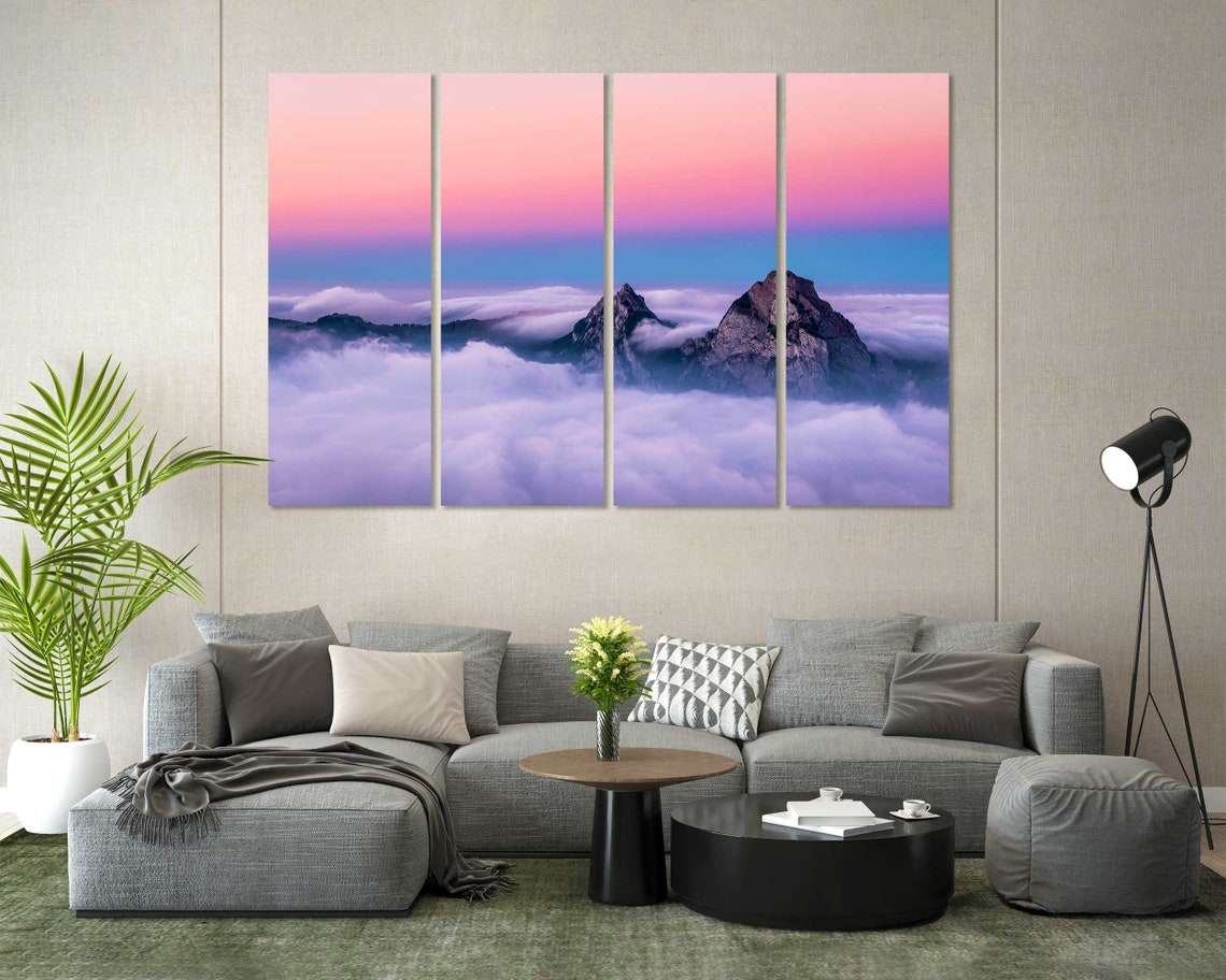 Mountain Peaks Rising Above Clouds at Pink Sunset Sky Landscape Poster - Image 7