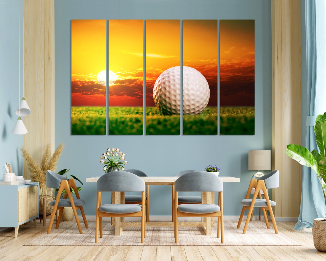 Golf Ball On Green Grass At Fiery Sunset Sky Sports Wall Art Poster - Image 3