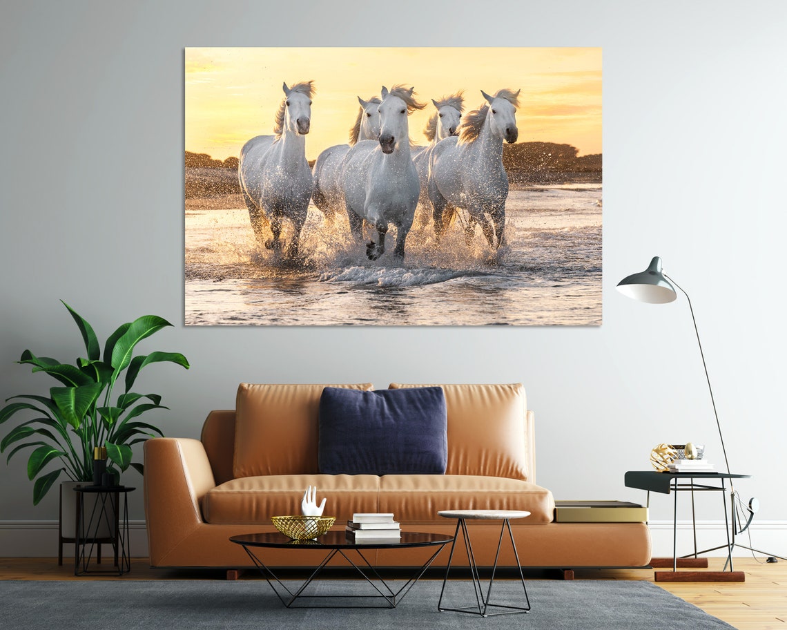 White Horses Galloping Through Water at Golden Sunset Horse Poster