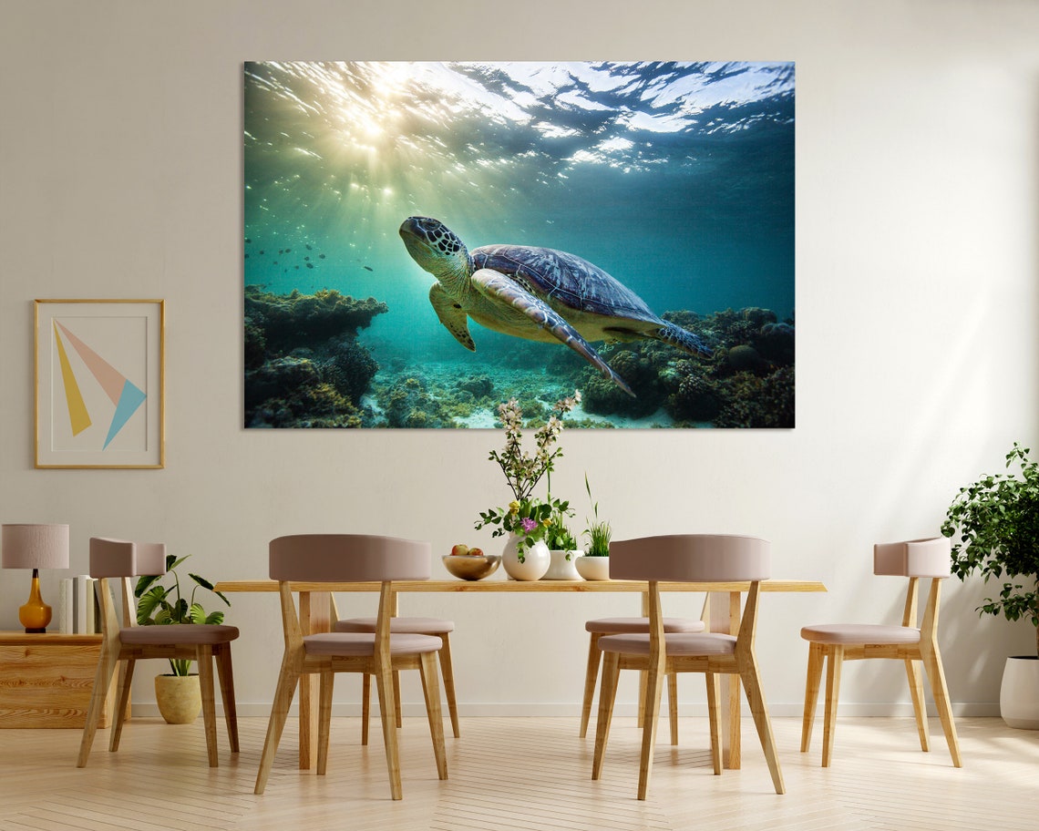 Green Sea Turtle Swimming Underwater Sun Rays Coral Reef Poster - Image 6